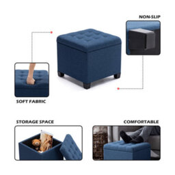 Hnnhome Pouffe Footstool Ottoman Storage Box,45Cm Cube Strong Wooden Frame Linen Seat Chair With Lids For Bedroom(Navy) - thumbnail 2