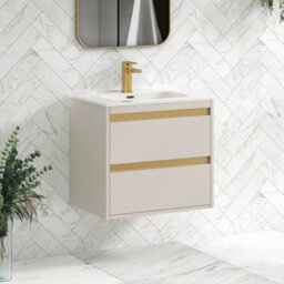 Royal Bathrooms Orion 600mm Warm Taupe 2 Drawer Wall Hung Vanity Unit With Ceramic Basin & Brushed Brass Strip - thumbnail 5