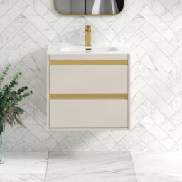 Royal Bathrooms Orion 600mm Warm Taupe 2 Drawer Wall Hung Vanity Unit With Ceramic Basin & Brushed Brass Strip - thumbnail 2