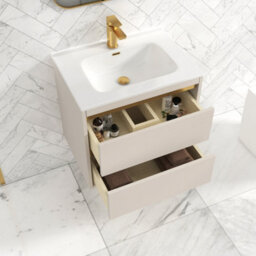 Royal Bathrooms Orion 600mm Warm Taupe 2 Drawer Wall Hung Vanity Unit With Ceramic Basin & Brushed Brass Strip - thumbnail 4