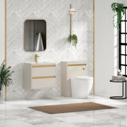 Royal Bathrooms Orion 600mm Warm Taupe 2 Drawer Wall Hung Vanity Unit With Ceramic Basin & Brushed Brass Strip - thumbnail 3