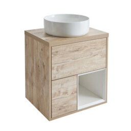 Homestylestore Light Oak 600mm Wall Hung Bathroom Vanity Unit With Round Countertop Basin And Led Lights - thumbnail 1