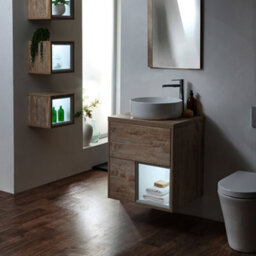 Homestylestore Light Oak 600mm Wall Hung Bathroom Vanity Unit With Round Countertop Basin And Led Lights - thumbnail 3