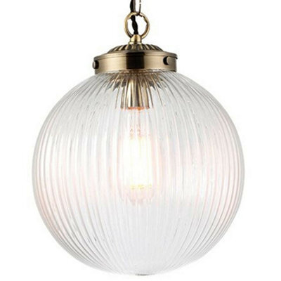 Hanging Ceiling Pendant Light Brass & Ribbed Glass Round Lamp Shade Bulb Holder - image 1