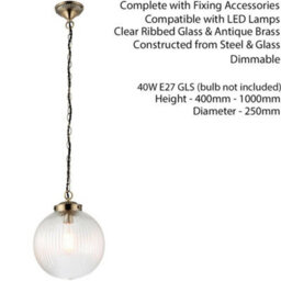 Hanging Ceiling Pendant Light Brass & Ribbed Glass Round Lamp Shade Bulb Holder - thumbnail 2
