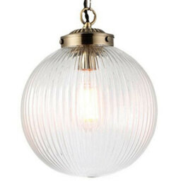 Hanging Ceiling Pendant Light Brass & Ribbed Glass Round Lamp Shade Bulb Holder