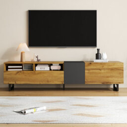 Matteo Stylish Colourblock Tv Unit - Modern Media Cabinet 3 Doors 2 Open Compartments U-Shaped Metal Legs, Dark Grey  Natural Wood Effect - thumbnail 4