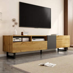 Matteo Stylish Colourblock Tv Unit - Modern Media Cabinet 3 Doors 2 Open Compartments U-Shaped Metal Legs, Dark Grey  Natural Wood Effect - thumbnail 3