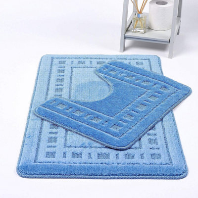 Homes & Linen Bath Mat & Pedestal Set 2 Piece Mid Blue Squares Black Non Slip Bathroom Toilet Rug Bath Mats Set