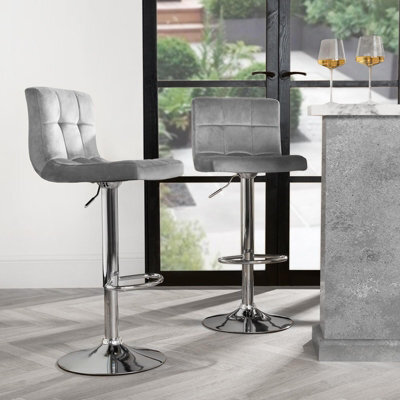 Ohs 2 X Adjustable Bar Stools Velvet Swivel Seat Kitchen Chair - Grey - image 1