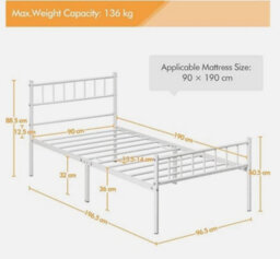 White Single Metal Bed Frame W/ Headboard Solid Slatted Base For Adults Teenager - thumbnail 4