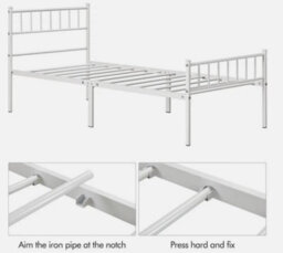 White Single Metal Bed Frame W/ Headboard Solid Slatted Base For Adults Teenager - thumbnail 2