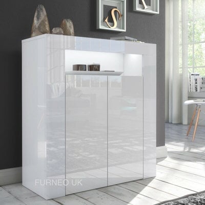 Furneo High Gloss & Matt White 2-Door Sideboard Cabinet Cupboard Unit Clifton 01 White Led Lights - image 1