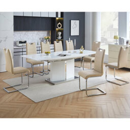 Furniture in Fashion Belmonte White Dining Table Large 8 Petra Taupe Chairs