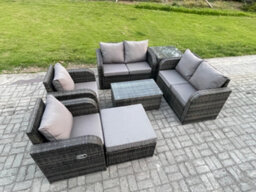 Fimous Rattan Garden Furniture Set Patio Outdoor Lounge Sofa Set With 2 Reclining Chairs Rectangular Coffee Table Big Footstools - thumbnail 2