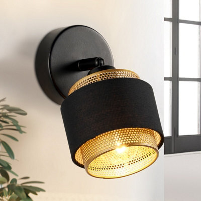 Harper Living Black & Gold Wall Light, Modern Wall Lamp Indoor E14 Socket, Rotatable, Metal Mesh & Fabric Shade - image 1
