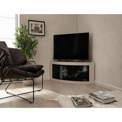 "Centurion Supports Pangea Gloss Black And Greige Beam-Thru Glass Doors Curved Unit Tru-Corner 32""-50"" Tv Cabinet" - image 1