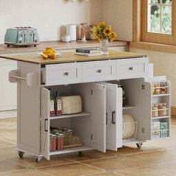 Abrihome White Barn Style Kitchen Island With Foldable Countertop, 5 Lockable Wheels, 4 Doors & 3 Drawers, 140X43(70)X90.5 Cm - thumbnail 7