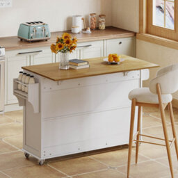 Abrihome White Barn Style Kitchen Island With Foldable Countertop, 5 Lockable Wheels, 4 Doors & 3 Drawers, 140X43(70)X90.5 Cm - thumbnail 8