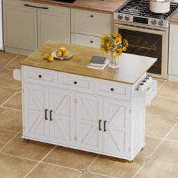 Abrihome White Barn Style Kitchen Island With Foldable Countertop, 5 Lockable Wheels, 4 Doors & 3 Drawers, 140X43(70)X90.5 Cm - thumbnail 9