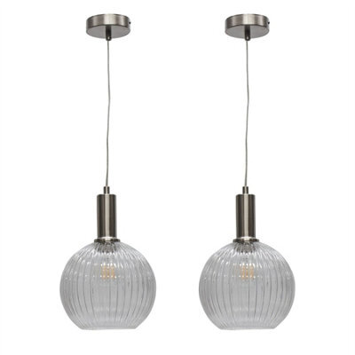 First Choice Lighting Set Of 2 Betchley - Clear Ribbed Globe Satin Nickel Deco Pendants - image 1