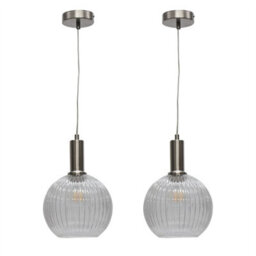 First Choice Lighting Set Of 2 Betchley - Clear Ribbed Globe Satin Nickel Deco Pendants - thumbnail 1