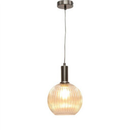 First Choice Lighting Set Of 2 Betchley - Clear Ribbed Globe Satin Nickel Deco Pendants - thumbnail 3