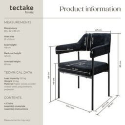 Tectake Set Of 4 Armchair Doé - Durable Fabric, Black Powder-Coated Legs, 120 Kg Load, 58 X 62 X 85 Cm  - Woven Fabric Black/black - thumbnail 6