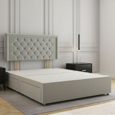 REGIONAL FURNISHINGS Divan Bed Set Silver Plush Velvet Upholstered 24Inch Headboard 2Drawers Footend & No Mattress In Double King 4Ft 6Ft Sizes - image 1