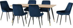 Seconique Hamilton Large Dining Set Oak Effect With 6 Sapphire Blue Velvet Avery Chairs