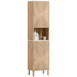 Homcom 168Cm Tall Bathroom Cabinet With Adjustable Shelves, Oak Wood Effect - thumbnail 2