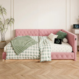 4Ft6 Double Bed Frame With Usb Charging Ports And Guardrail, Velvet Upholstered Bed Frame, No Mattress, Pink, Bed 135X190 Cm - thumbnail 2