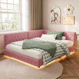 4Ft6 Double Bed Frame With Usb Charging Ports And Guardrail, Velvet Upholstered Bed Frame, No Mattress, Pink, Bed 135X190 Cm - thumbnail 1