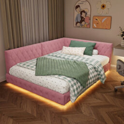 4Ft6 Double Bed Frame With Usb Charging Ports And Guardrail, Velvet Upholstered Bed Frame, No Mattress, Pink, Bed 135X190 Cm - thumbnail 3