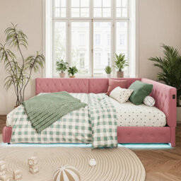 4Ft6 Double Bed Frame With Usb Charging Ports And Guardrail, Velvet Upholstered Bed Frame, No Mattress, Pink, Bed 135X190 Cm - thumbnail 6