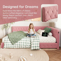 4Ft6 Double Bed Frame With Usb Charging Ports And Guardrail, Velvet Upholstered Bed Frame, No Mattress, Pink, Bed 135X190 Cm - thumbnail 5