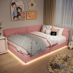 4Ft6 Double Bed Frame With Usb Charging Ports And Guardrail, Velvet Upholstered Bed Frame, No Mattress, Pink, Bed 135X190 Cm - thumbnail 7