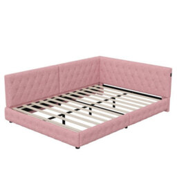 4Ft6 Double Bed Frame With Usb Charging Ports And Guardrail, Velvet Upholstered Bed Frame, No Mattress, Pink, Bed 135X190 Cm - thumbnail 8