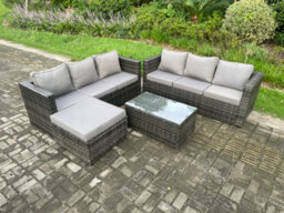 Fimous 7 Seater Rattan Garden Furniture Set Outdoor Patio Sofa Set With Oblong Coffee Table Big Footstool Dark Grey Mixed - thumbnail 1