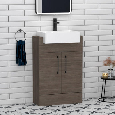 Royal Bathrooms Elena 600mm Grey Elm Floor Standing Bathroom Vanity Unit With 2 Door Black Handle & Semi Recessed Basin - image 1
