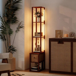 Floor Lamp With Shelves, Led Standing Lamp With Fabric Drawer, Brown - thumbnail 5