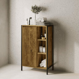Home Source Locastra Mango Oak Effect & Black Metal 1 Door Bathroom Storage Cabinet With Open Shelves - thumbnail 1