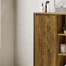 Home Source Locastra Mango Oak Effect & Black Metal 1 Door Bathroom Storage Cabinet With Open Shelves - thumbnail 2