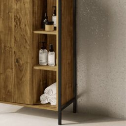 Home Source Locastra Mango Oak Effect & Black Metal 1 Door Bathroom Storage Cabinet With Open Shelves - thumbnail 3