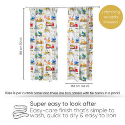 Bloomsbury Mill - Construction Diggers Curtains For Kids Bedroom - Lined Curtain Pair Inc Tie Backs 66 X 72 Inch Or 168Cm X 183Cm - thumbnail 2