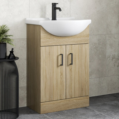 Affine Bathroom Vanity Unit Basin Sink Single Tap Hole Freestanding 560mm Oak Effect - image 1
