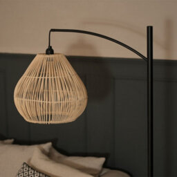Valuelights Preto Black Metal Curve Stem Floor Lamp With A Natural Wicker Rattan Teardrop Shade - thumbnail 3