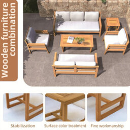 Abrihome 5-Seat Solid Wood Outdoor Lounge Set With 3-Seater Sofa, 2 Single Sofa, Coffee & Side Tables, Cushions Teak Finish - thumbnail 8