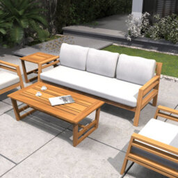 Abrihome 5-Seat Solid Wood Outdoor Lounge Set With 3-Seater Sofa, 2 Single Sofa, Coffee & Side Tables, Cushions Teak Finish - thumbnail 4