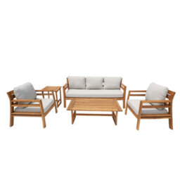 Abrihome 5-Seat Solid Wood Outdoor Lounge Set With 3-Seater Sofa, 2 Single Sofa, Coffee & Side Tables, Cushions Teak Finish